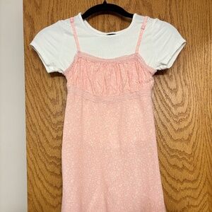 Art Class Pink Floral Slip Dress with White Tee – Size M (8)